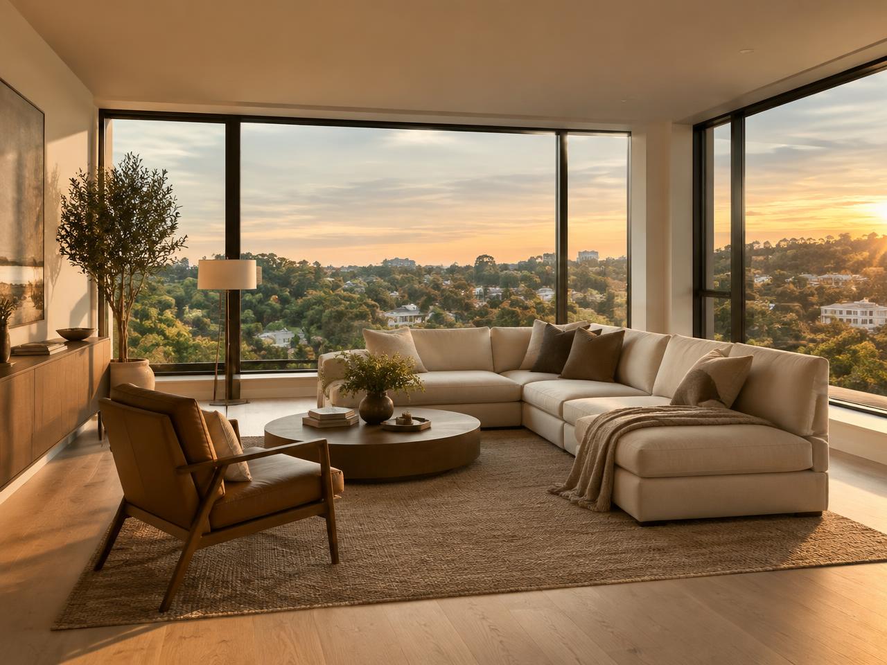Sala de estar de apartamento moderno ao entardecer
